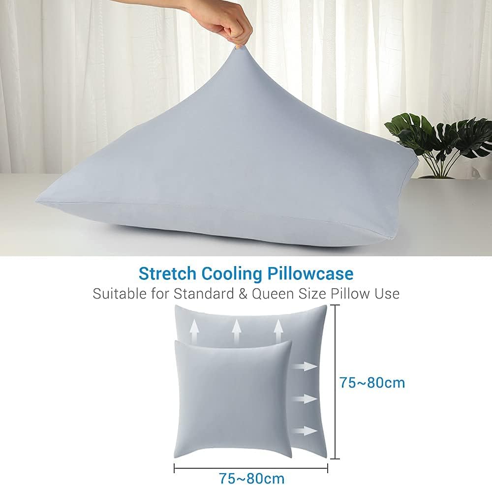 kühlender Kissenbezug 2er Set, Kopfkissenbezug elastisch mit Arc-Chill Kühlfasern atmungsaktiv, seidige Kissenbezüge mit Reißverschluss, Haare/Haut schonende Kissenhülle, 80x80cm-Grau