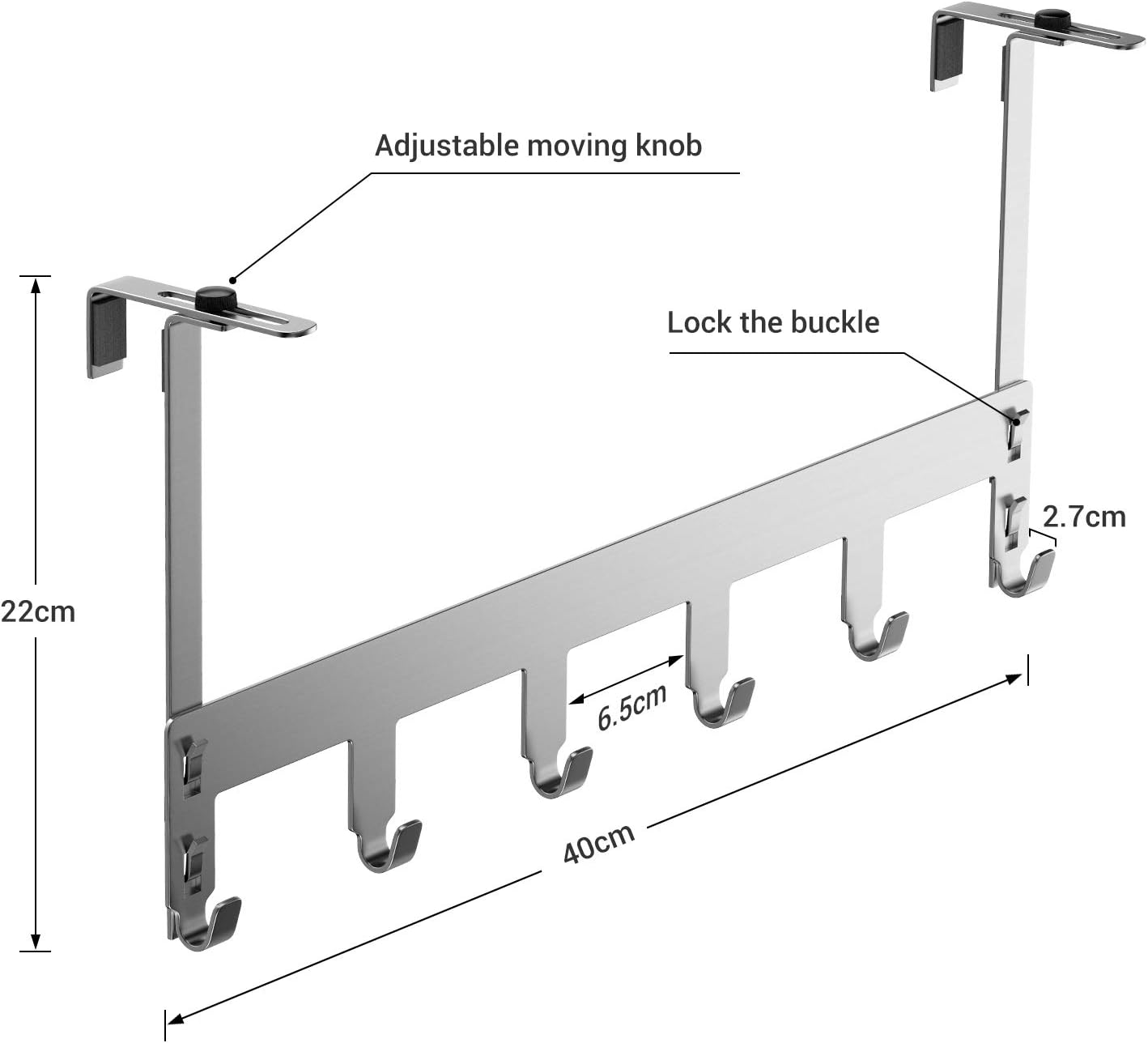 Türgarderobe zum einhängen ohne Bohren, verstellbare Kleiderhaken Tür Innen- und Rückseite geräuschfrei & rostfrei, Türhakenleiste mit 6 Haken für Schlafzimmer Kinderzimmer Badezimmer Küche