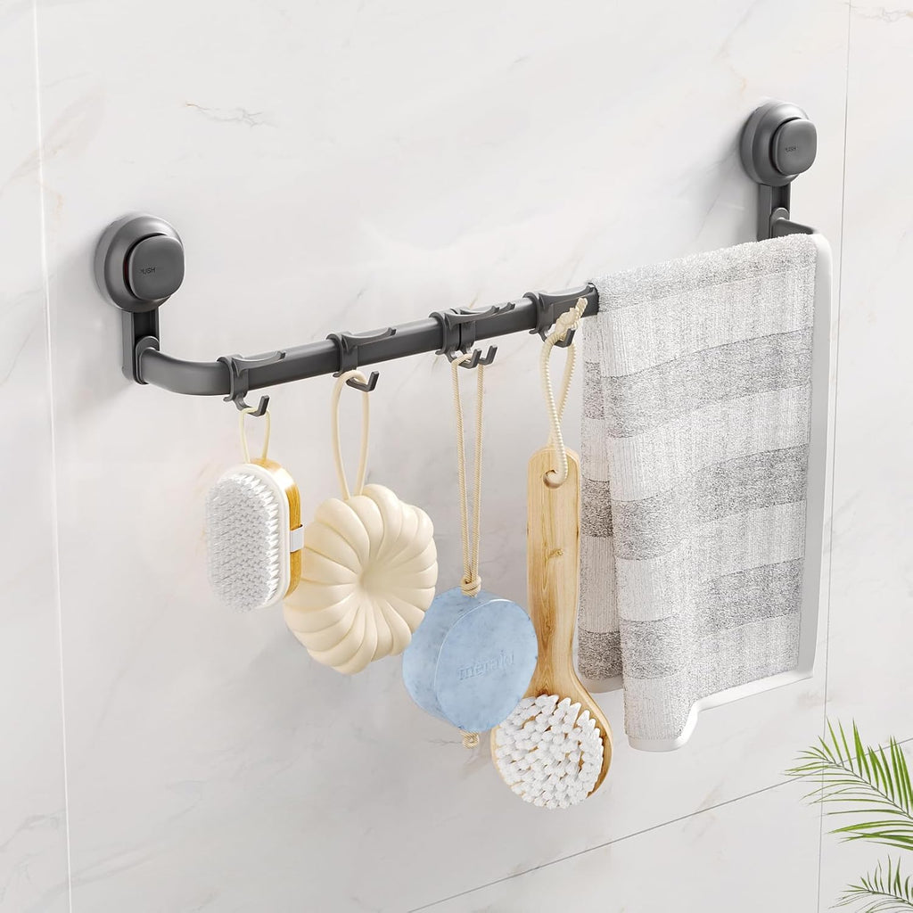 Handtuchhalter Ohne Bohren, 30cm/60cm verstellbare Handtuchstange Saugnapf für Bad Küche, 5 abnehmbare Haken, Badetuchhalter mit max.10KG Belastbarkeit, Gästehandtuchhalter für Wand Dusche-Grau