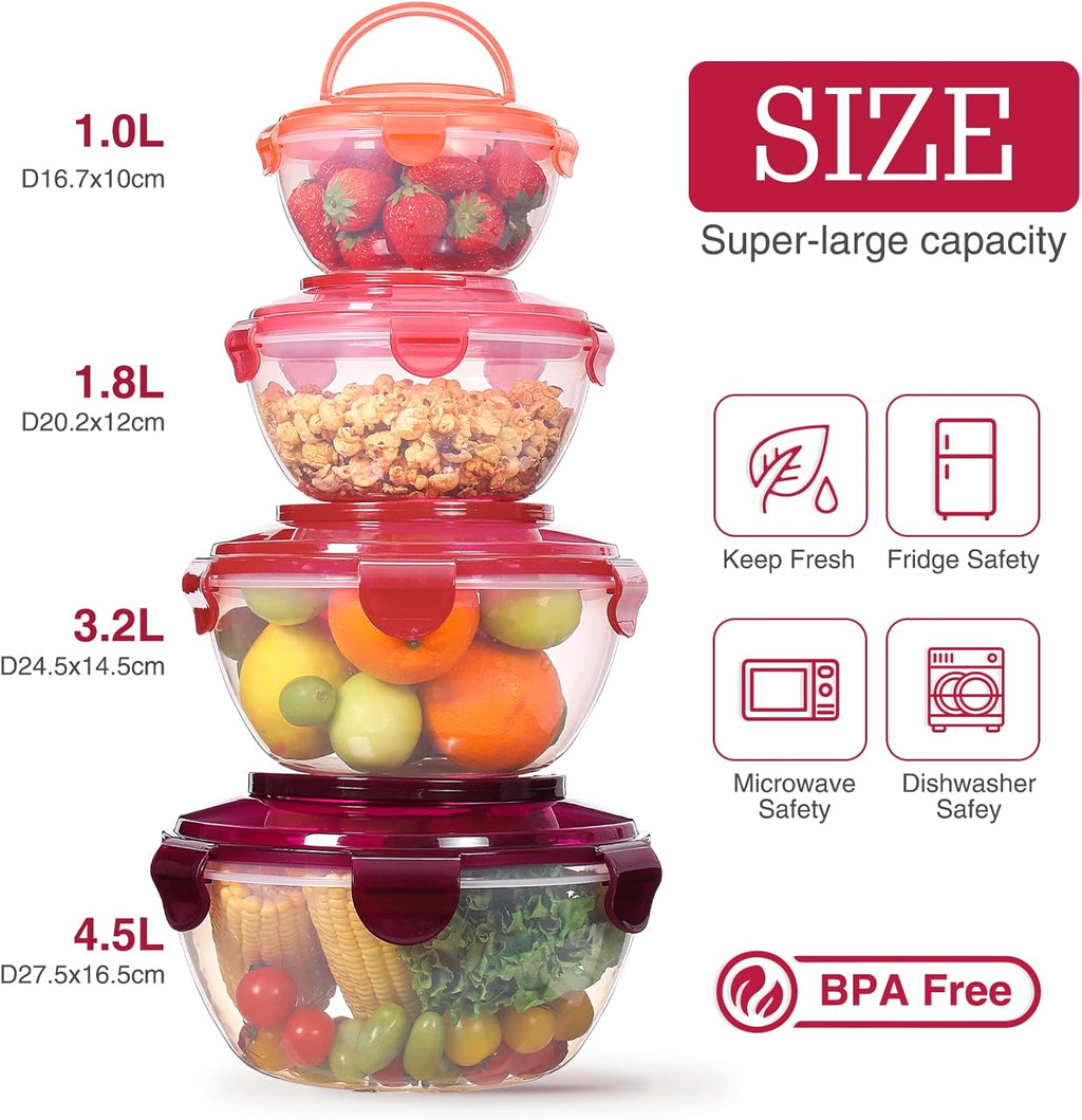 Salatschüssel mit luftdicht Deckel groß, 4,5L/3,2L/1,8L/1L Salatschüssel mit Tragegriff Gabeln Löffel, Stapelbar große Schüsseln Frischhaltedosen BPA-frei mikrowellen- und Spülmaschinenfest
