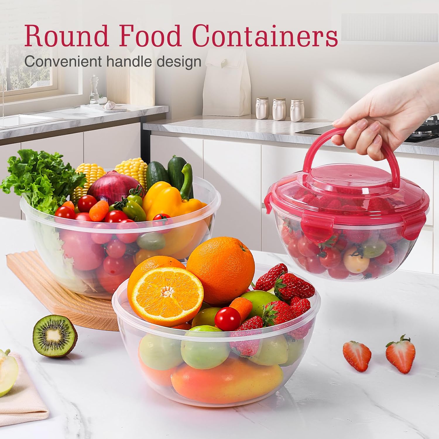 Salatschüssel mit luftdicht Deckel groß, 4,5L/3,2L/1,8L/1L Salatschüssel mit Tragegriff Gabeln Löffel, Stapelbar große Schüsseln Frischhaltedosen BPA-frei mikrowellen- und Spülmaschinenfest