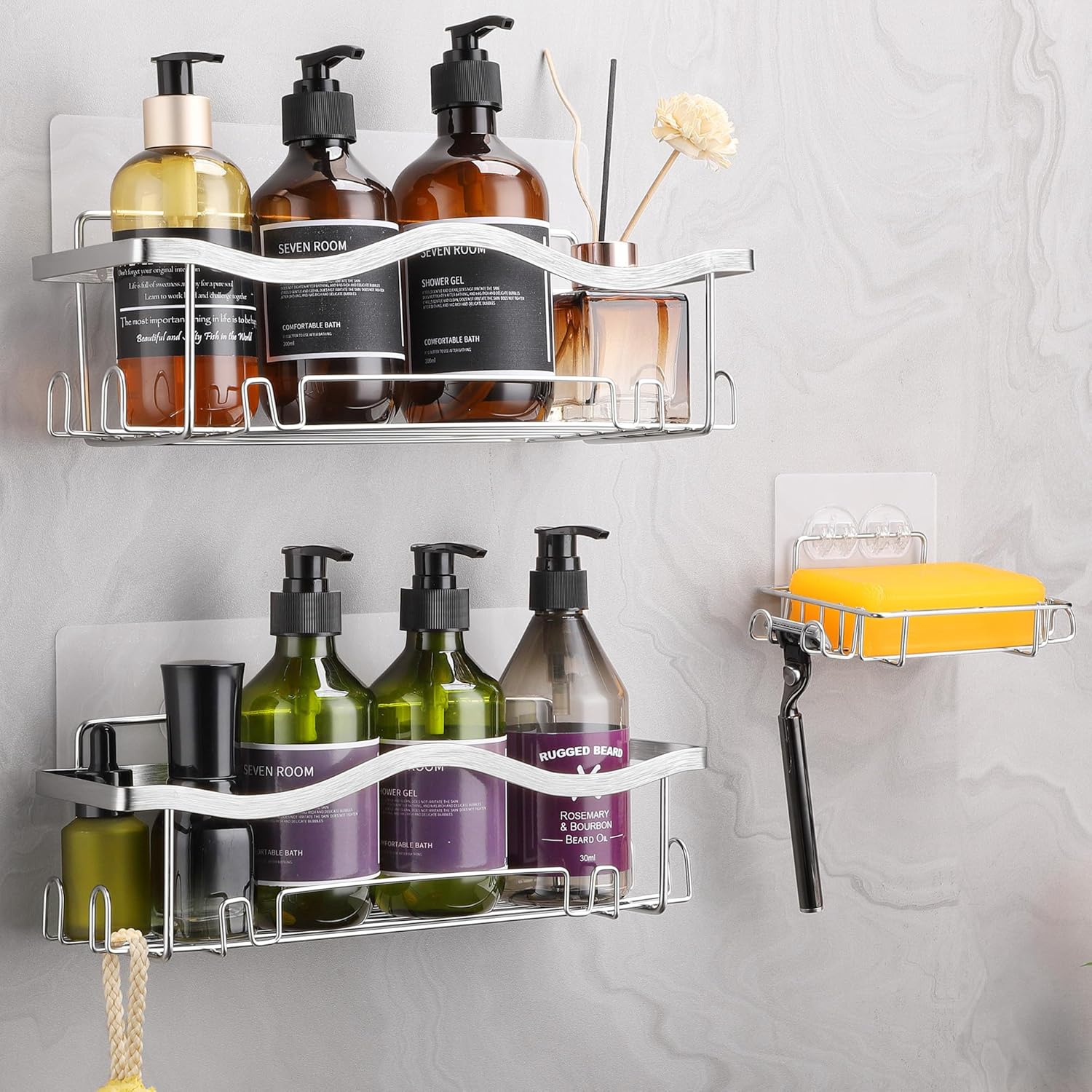 Duschablage ohne Bohren 3 Stück, Rostfrei Dusch Organizer, Shampoo Halterung für Dusche, Silber